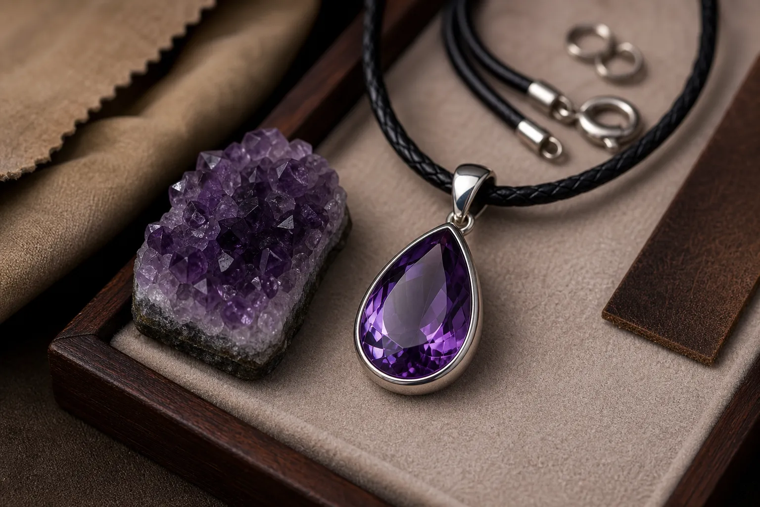A valued amethyst pendant and specimen with nearby cord, setting, and display surface showing materials that can be harmed by heat