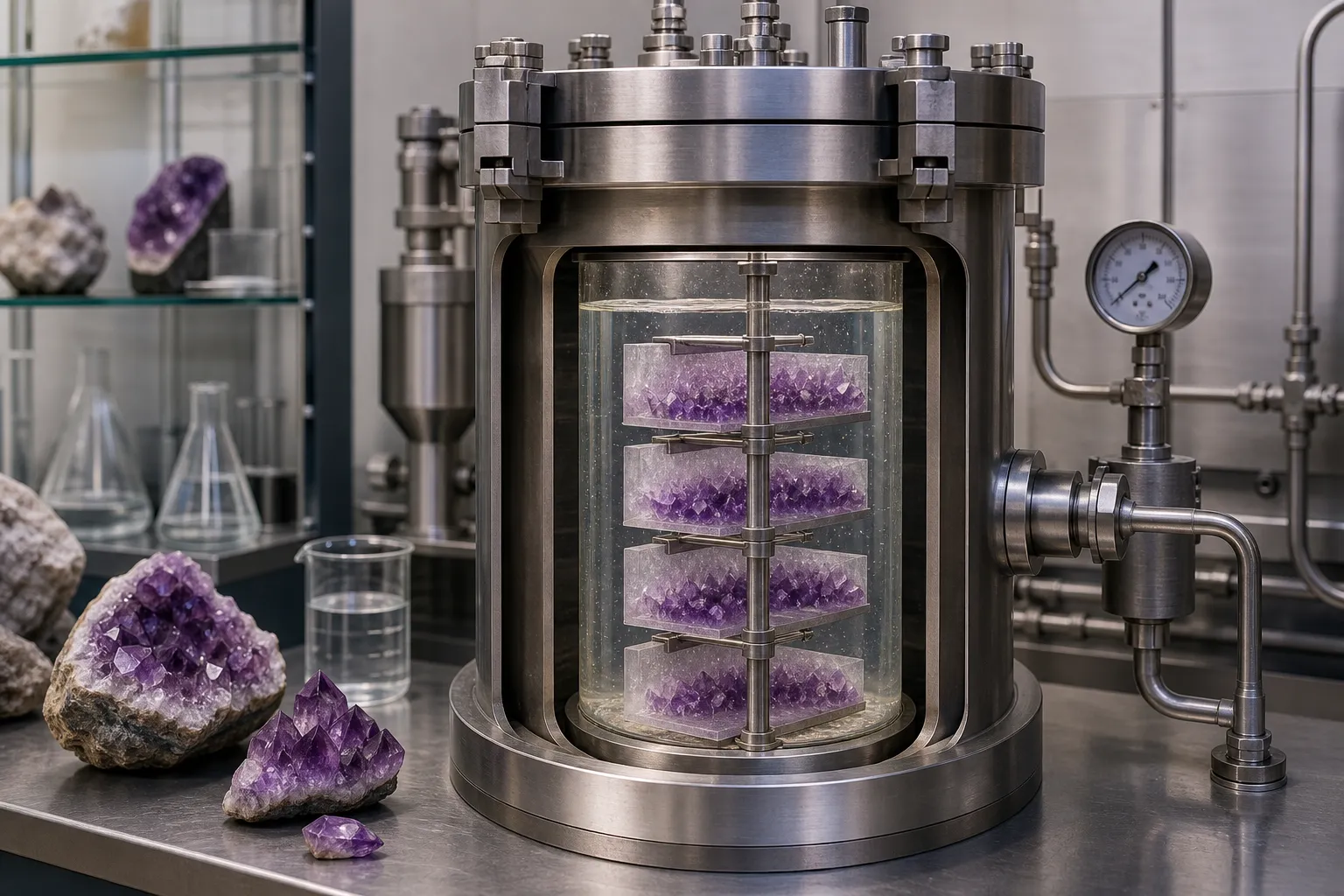 Hydrothermal synthetic amethyst growth shown as quartz seed plates inside a controlled autoclave environment