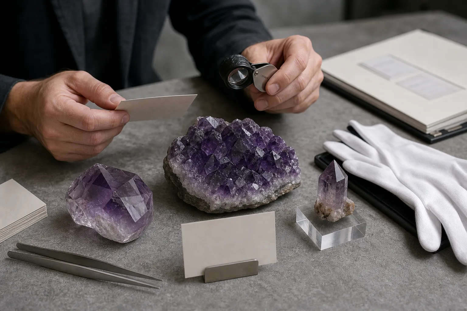 A collector comparing purple quartz samples while checking origin disclosure rather than relying on color alone