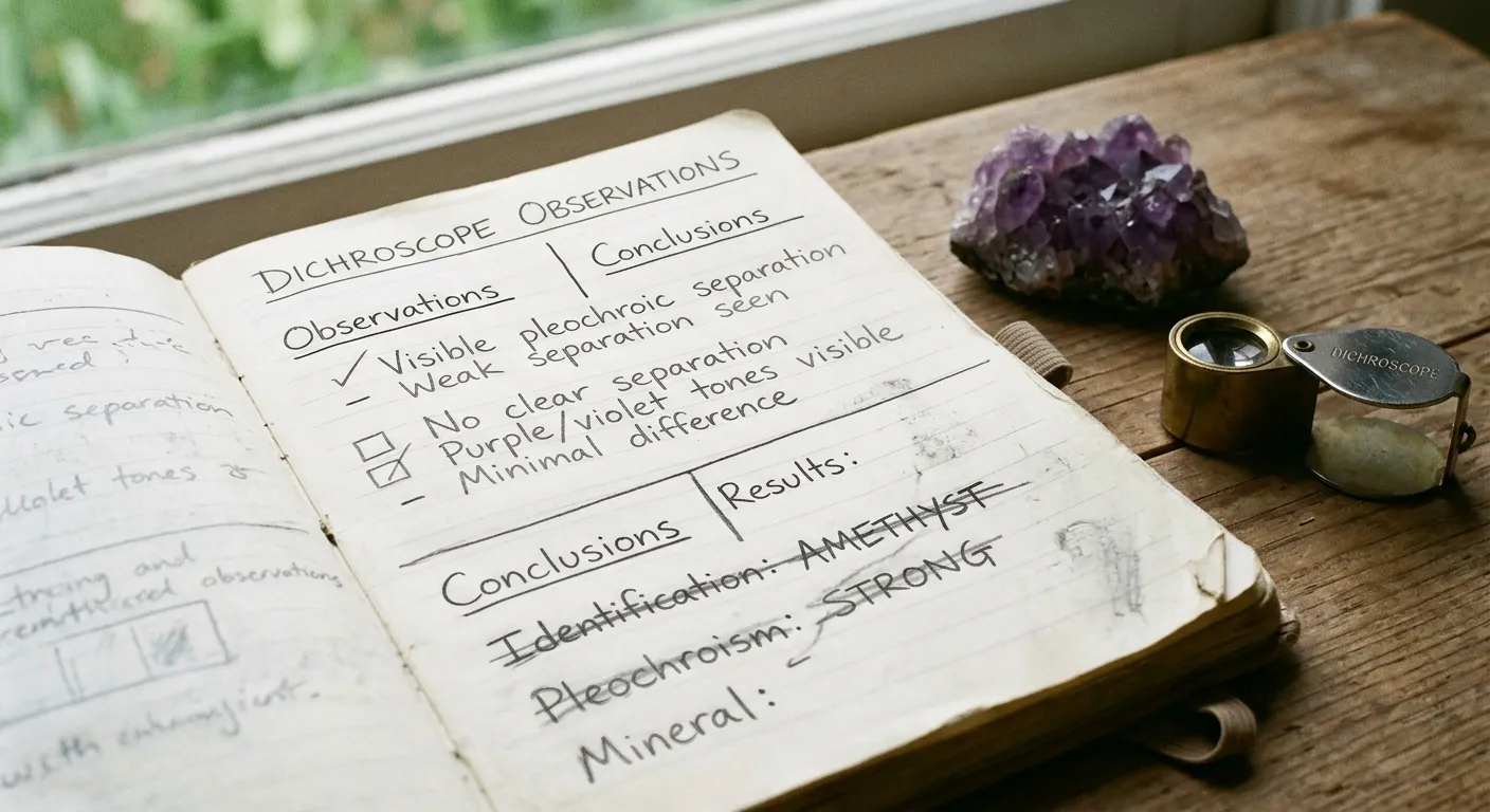 Observation notes separating dichroscope results from treatment conclusions for amethyst