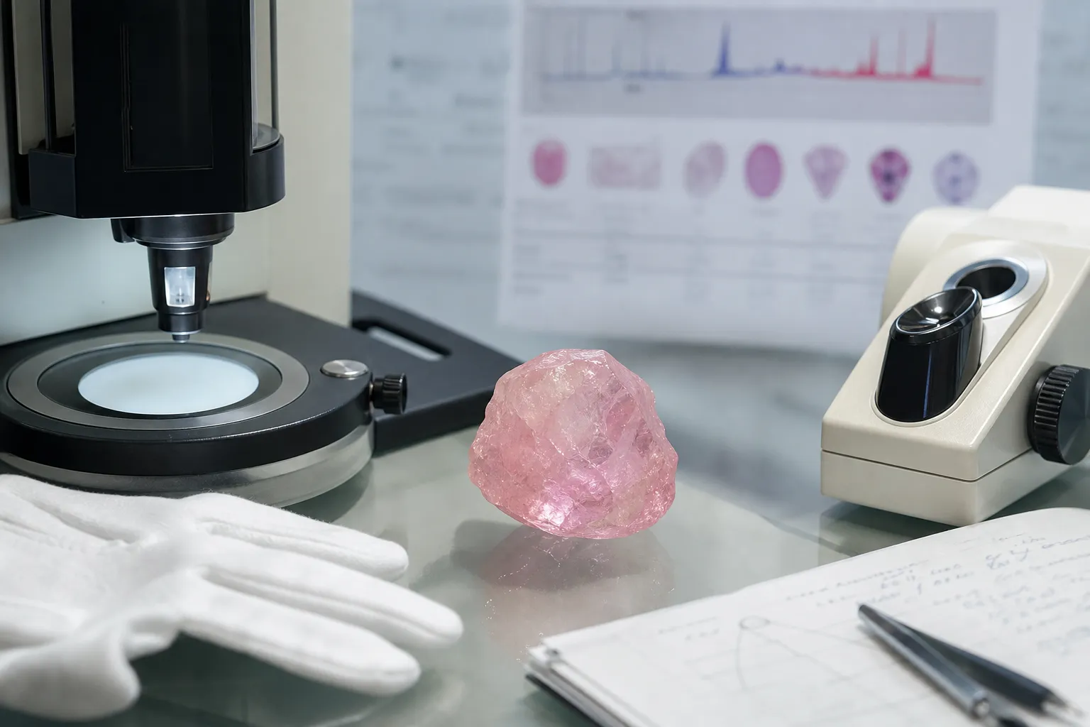 Gem lab spectroscopy context for evaluating a suspected dyed pink quartz-family specimen