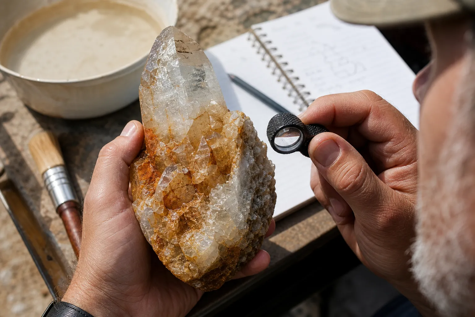 Quartz inspection scene comparing dry and wet viewing angles to judge whether iron-colored material is external or internal