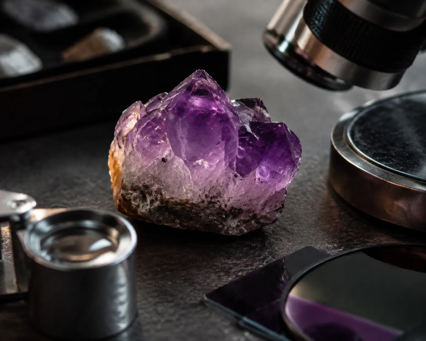 Close inspection setup for amethyst with magnification and polarized light tools