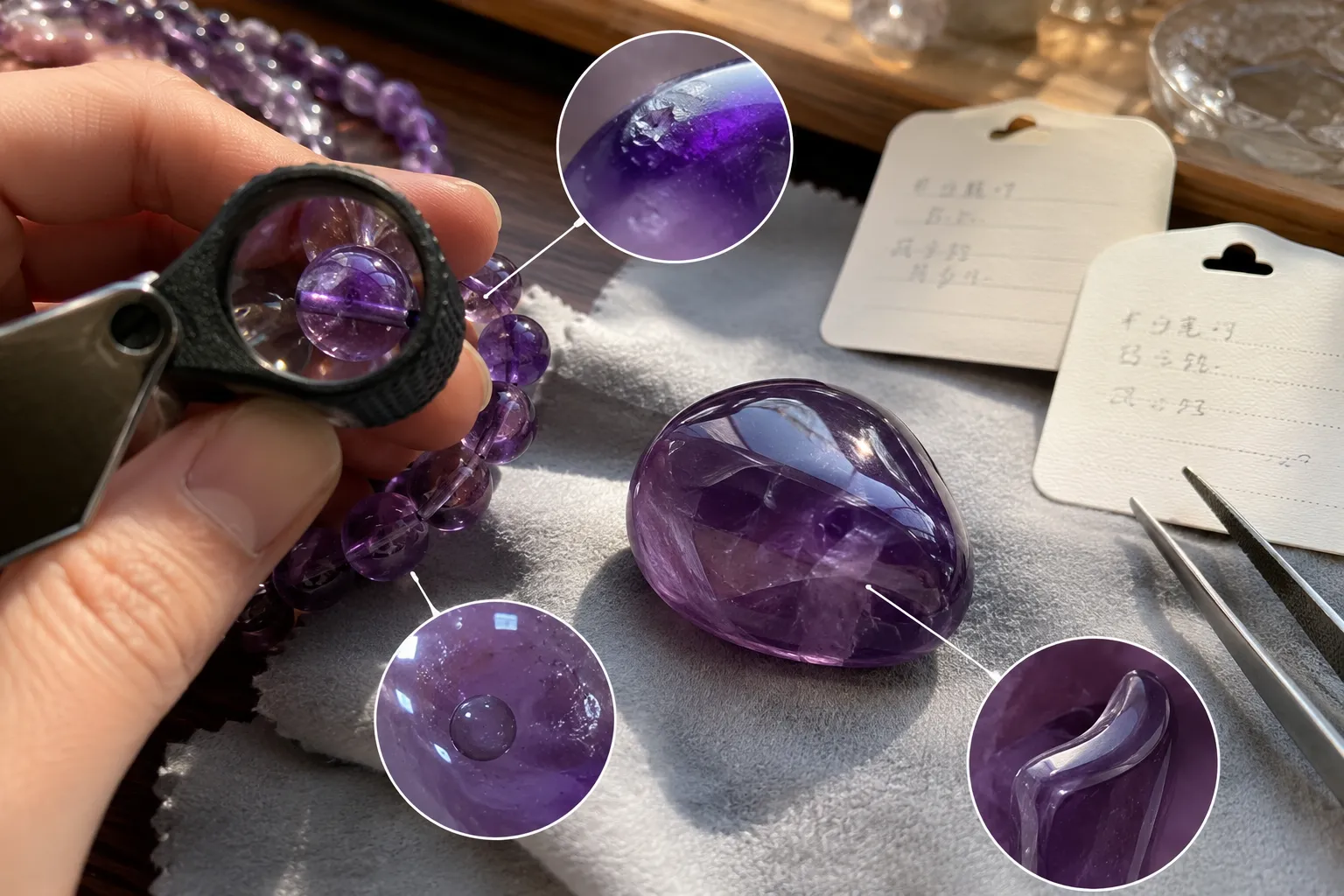 Close inspection of purple crystal beads and a polished amethyst-like object for uniform color, bubbles, molded features, and dye-like concentration