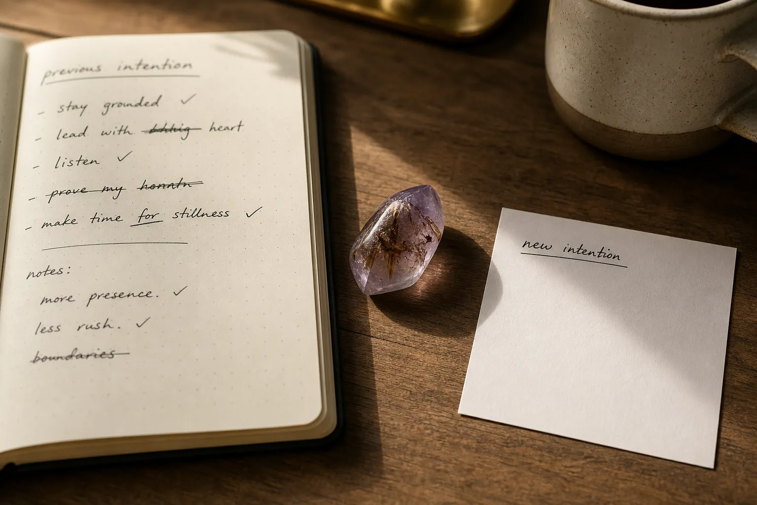 Journal review scene with goethite-included amethyst used as a continuity object