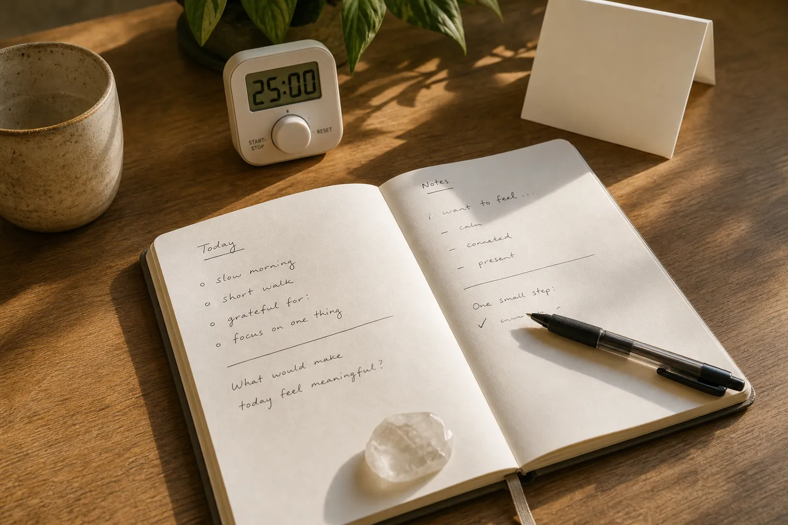 A notebook, pen, and quartz arranged to show the touch, notice, write loop of a short journaling session