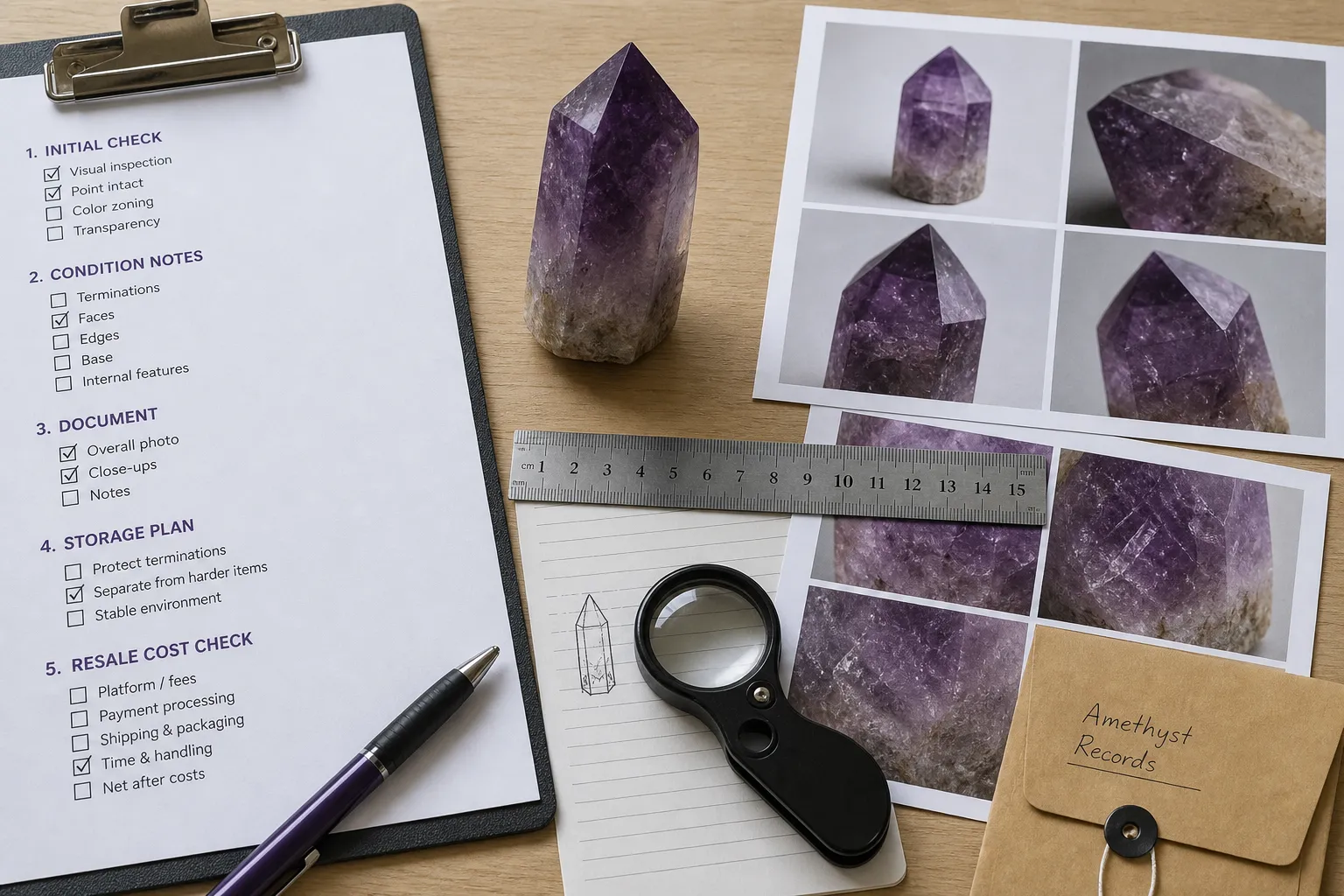 Amethyst portfolio screening checklist showing documentation, condition notes, and resale cost review