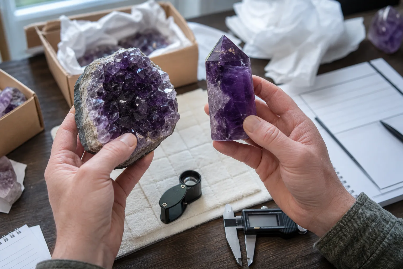 Close inspection of amethyst condition details, including crystal tips, polished faces, bases, and shipping readiness.