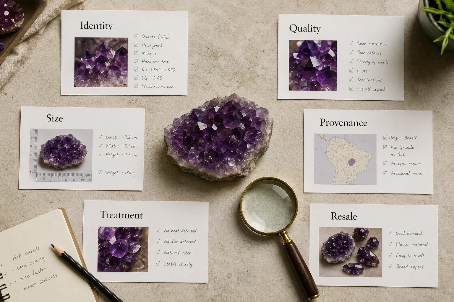 Amethyst buying checklist showing identity, quality, size, provenance, treatment disclosure, and resale evidence