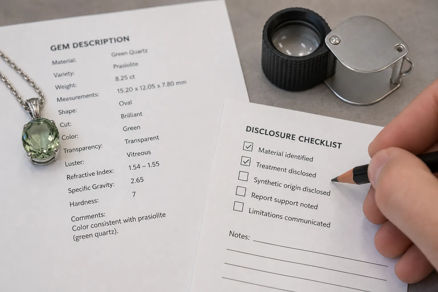 Green quartz description reviewed for material name treatment disclosure and origin claims