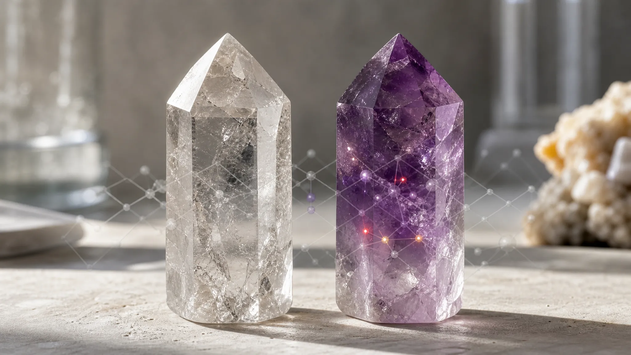Clear quartz and violet amethyst shown as related quartz crystals with the hidden lattice-defect difference emphasized