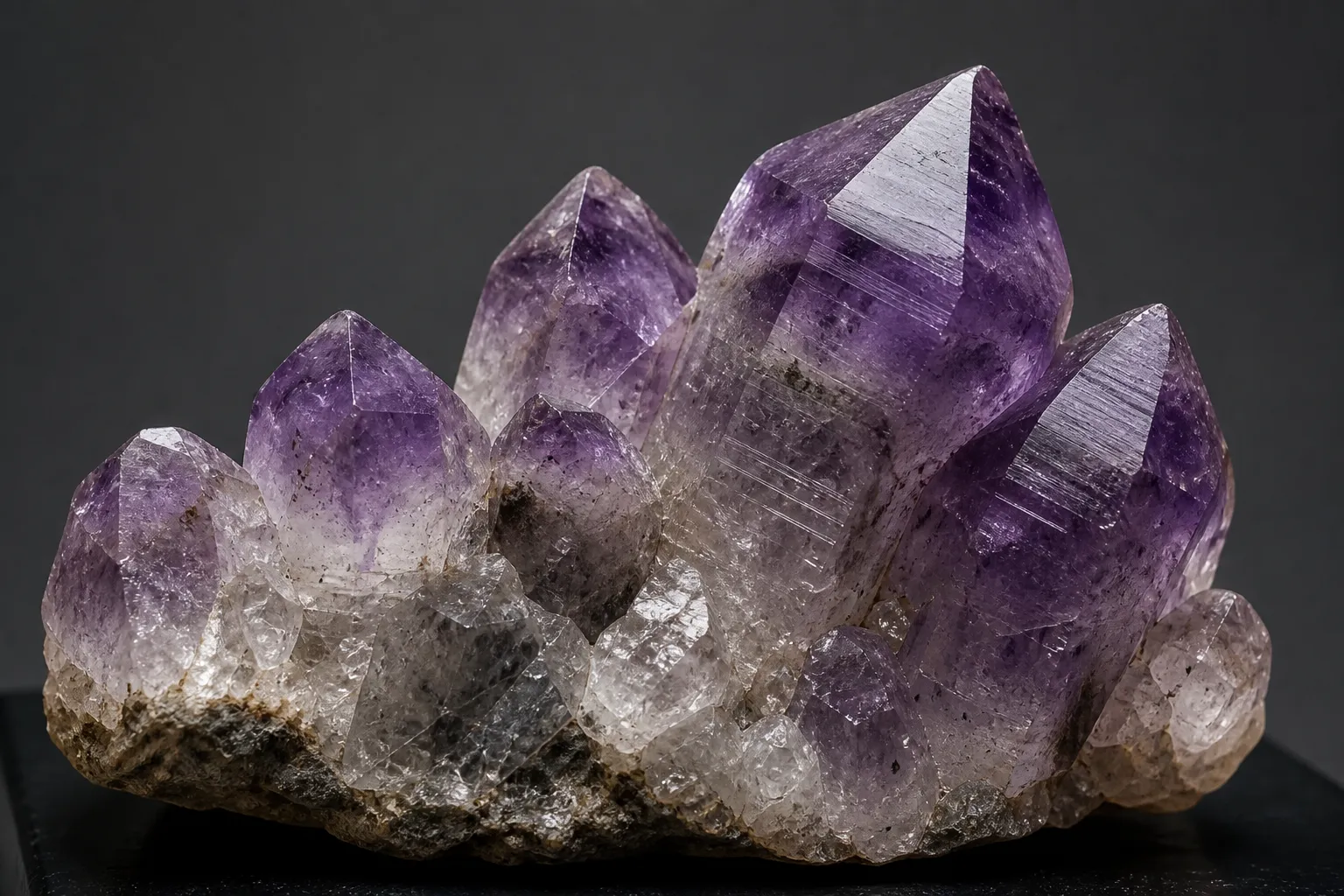 Zoned amethyst crystal showing purple tips, pale areas, and smoky or colorless sectors within the same quartz specimen