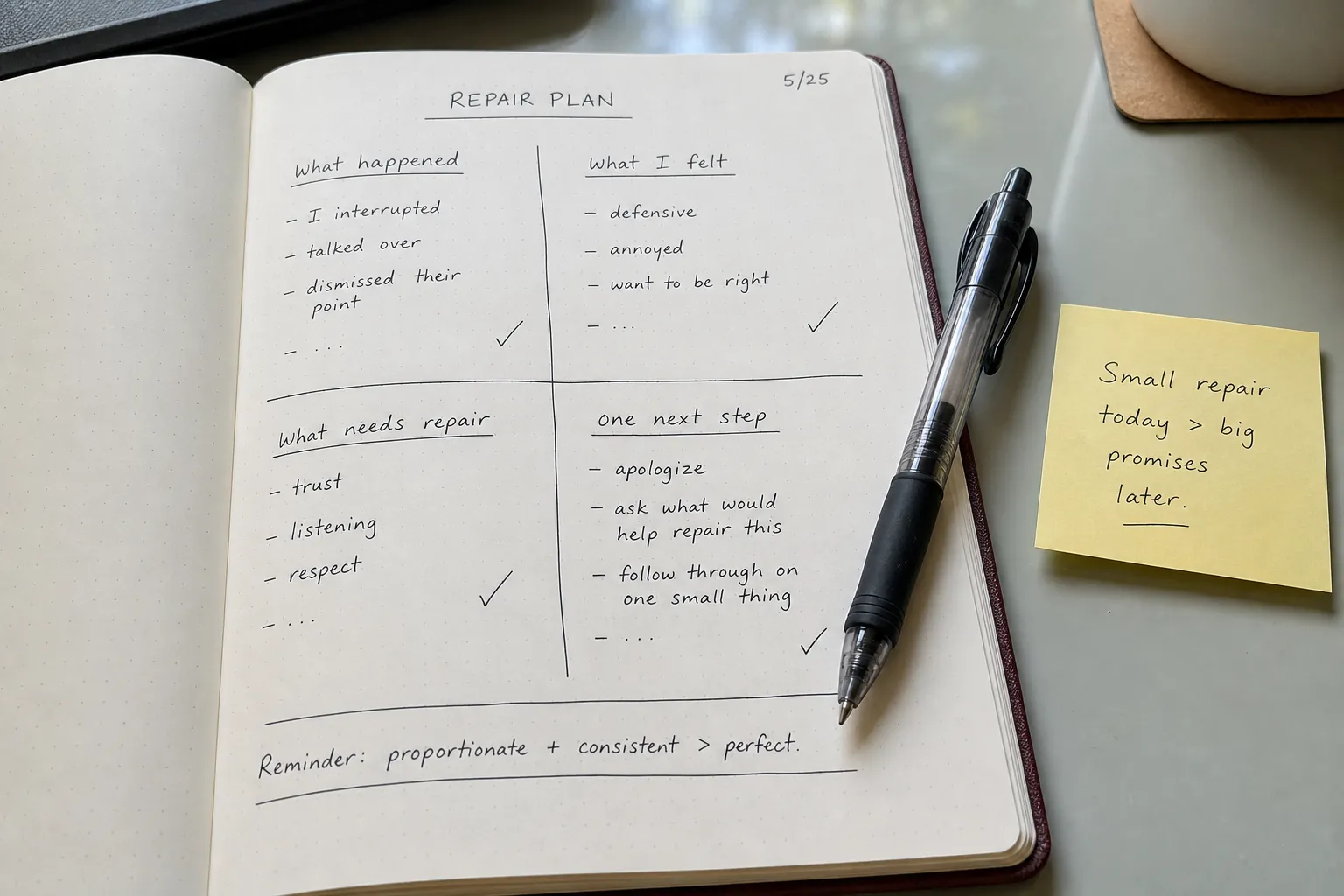 A practical repair-plan journal page organized around what happened, what needs repair, and one small next step.