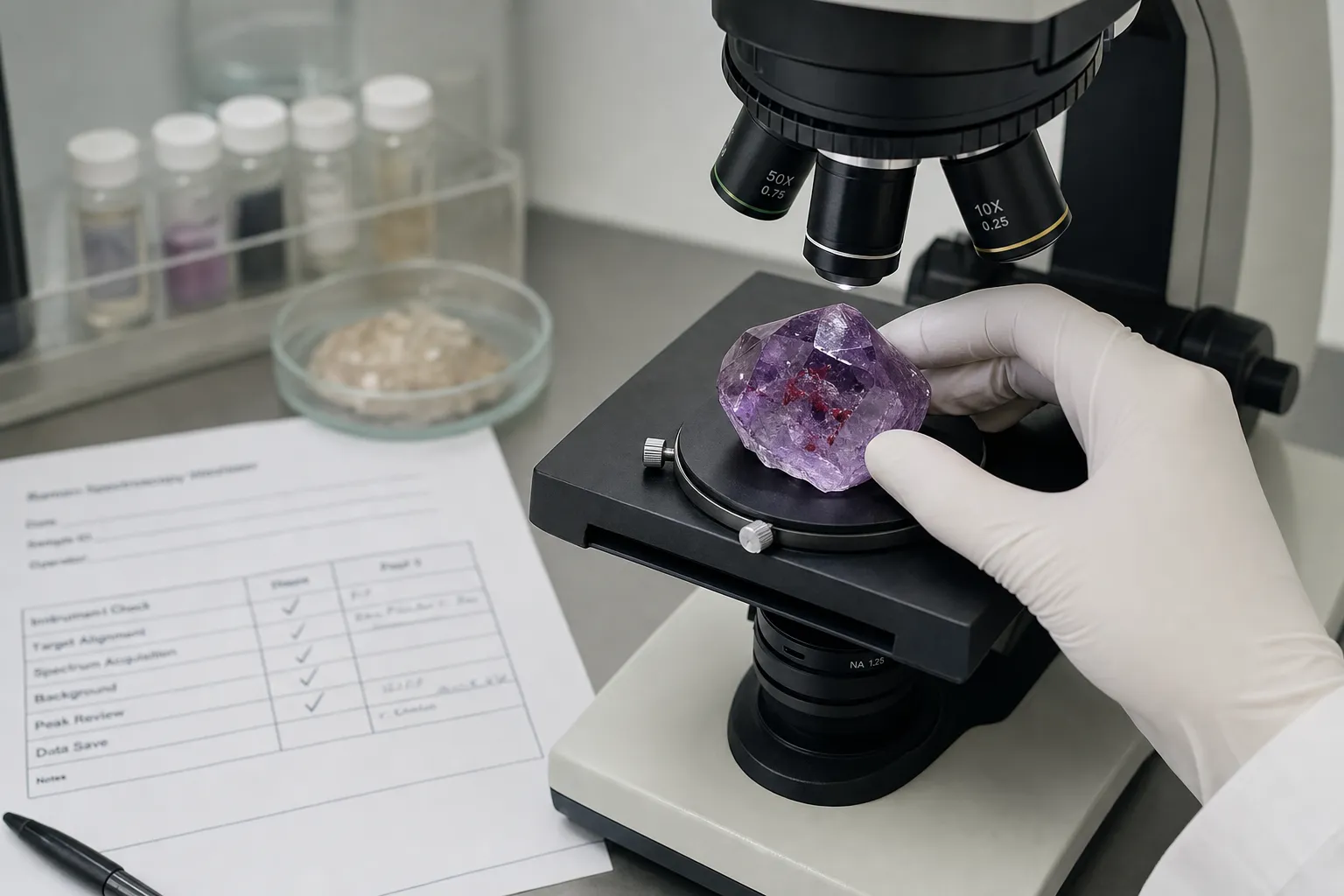 Careful amethyst inclusion identification moving from visual description to mineralogical testing when certainty matters