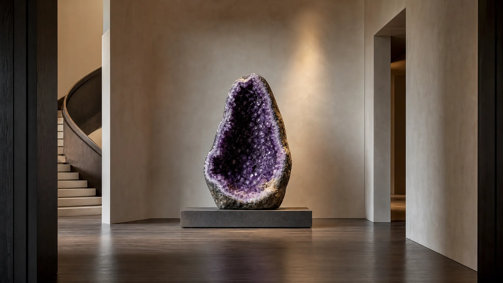 A large amethyst geode displayed as a restrained sculptural focal point with negative space in a luxury interior