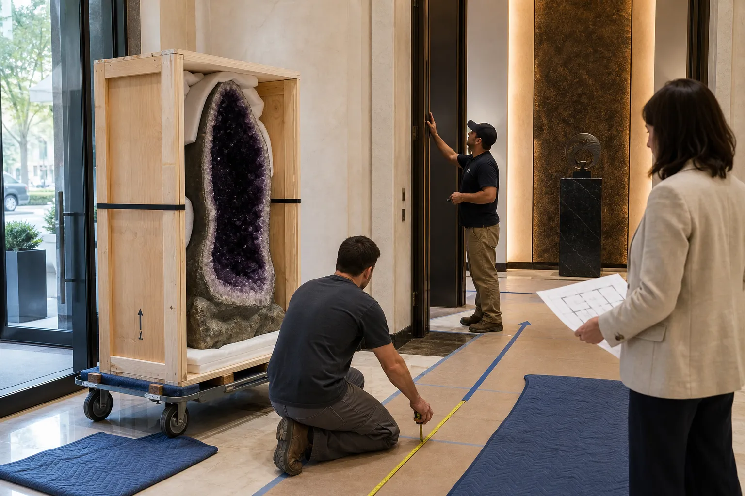 A luxury interior installation route being checked for a heavy amethyst geode before final placement