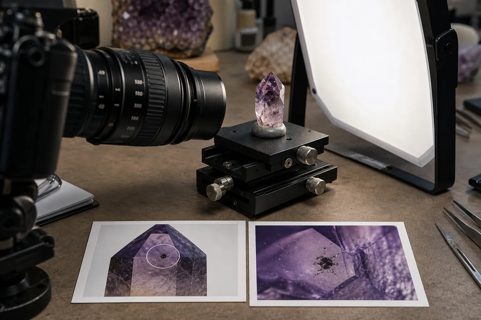 Macro setup showing amethyst, working distance, diffused light, and the decision to stop increasing magnification before context is lost