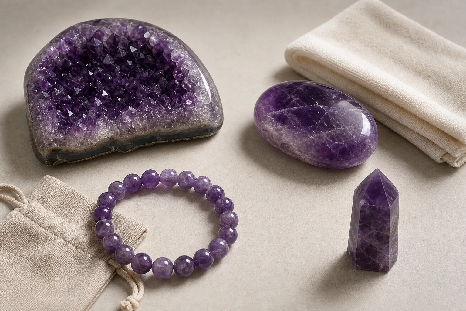Different polished amethyst forms showing how shape and use change dust contact