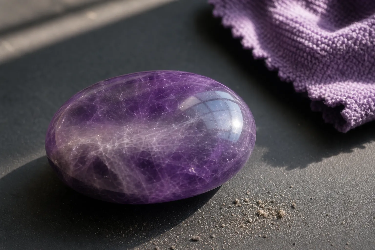 Polished amethyst with a faint haze visible under grazing light near loose dust