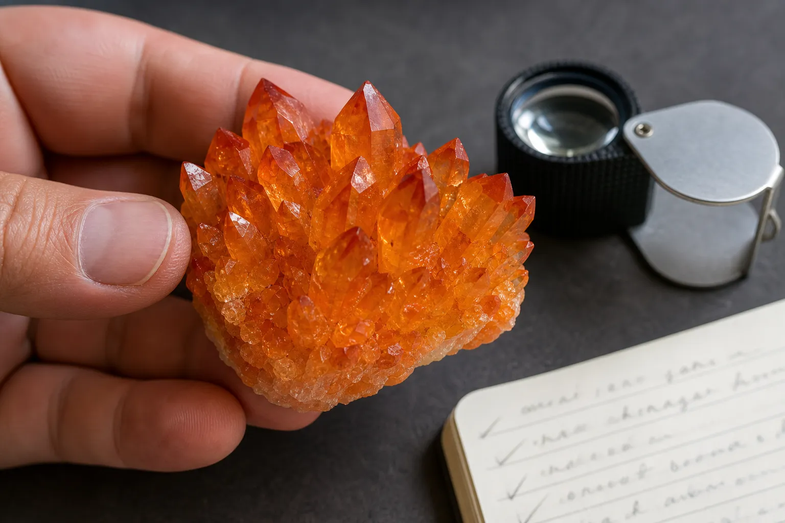 Orange quartz cluster details used as visual clues rather than proof of natural citrine origin
