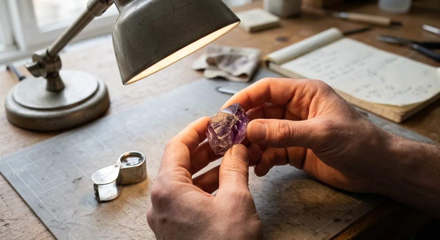 Amethyst rotated under steady light so surface marks and internal-looking features can be compared