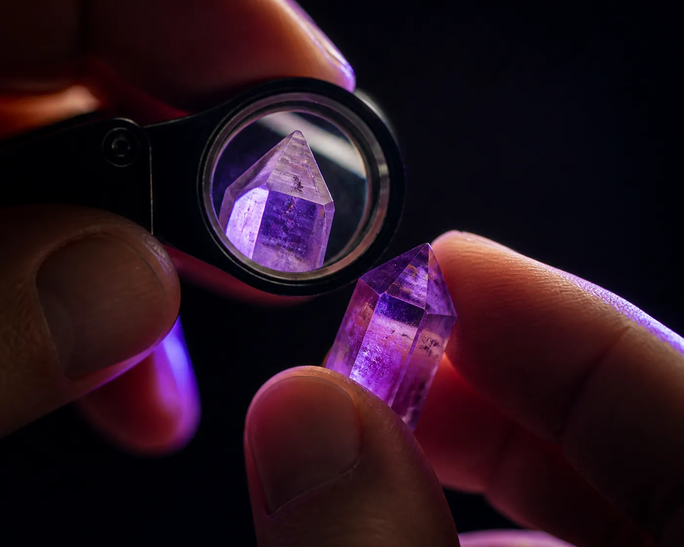 Collector using a 10X loupe to rotate an amethyst specimen and inspect internal shape, edge quality, and placement