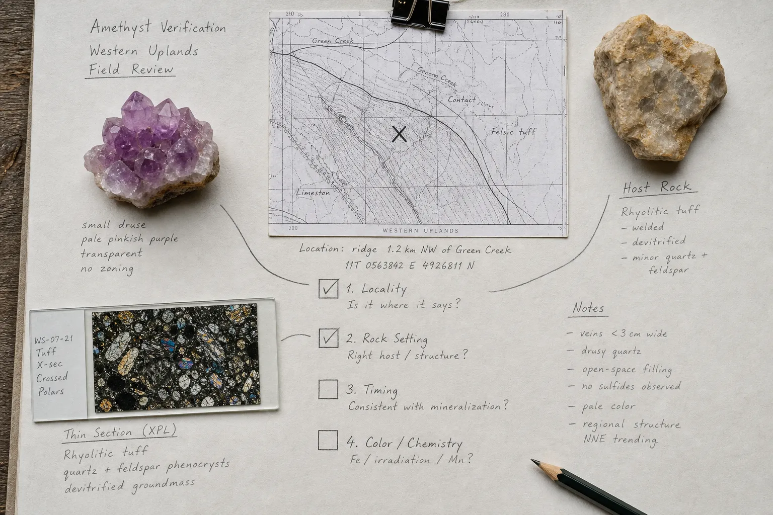 Verification points for Neuquén Basin Pink Amethyst claims including locality, host rock, age, and color chemistry