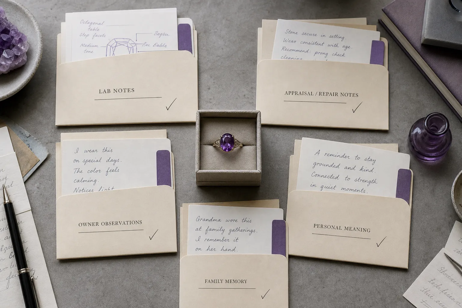 A collection record separated into documented files, owner notes, family history, and personal meaning for an amethyst jewel