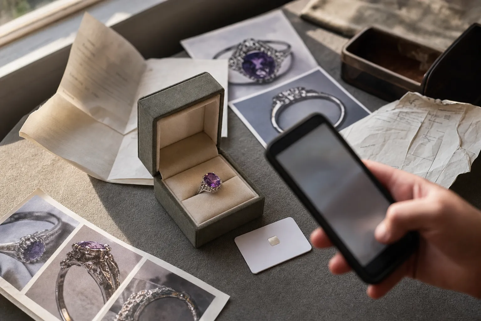 An amethyst ring with its box, NFC card, certificate records, care notes, and photos arranged as one collection file