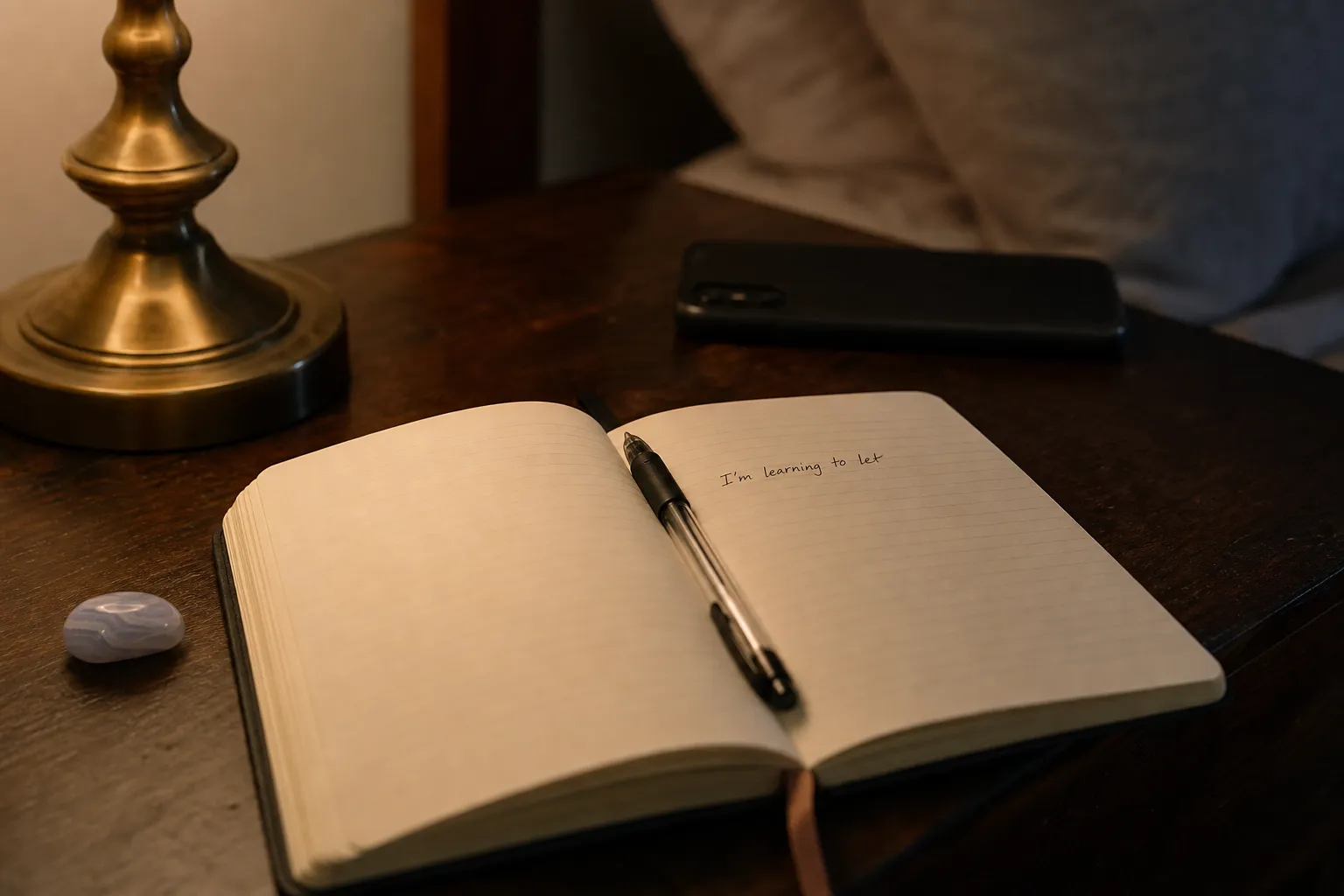 A bedside notebook with a short closing sentence beside a phone placed out of reflex reach