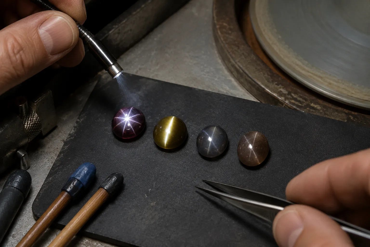 Cabochon cutting choices showing centered star and cat’s-eye effects compared with weaker placement
