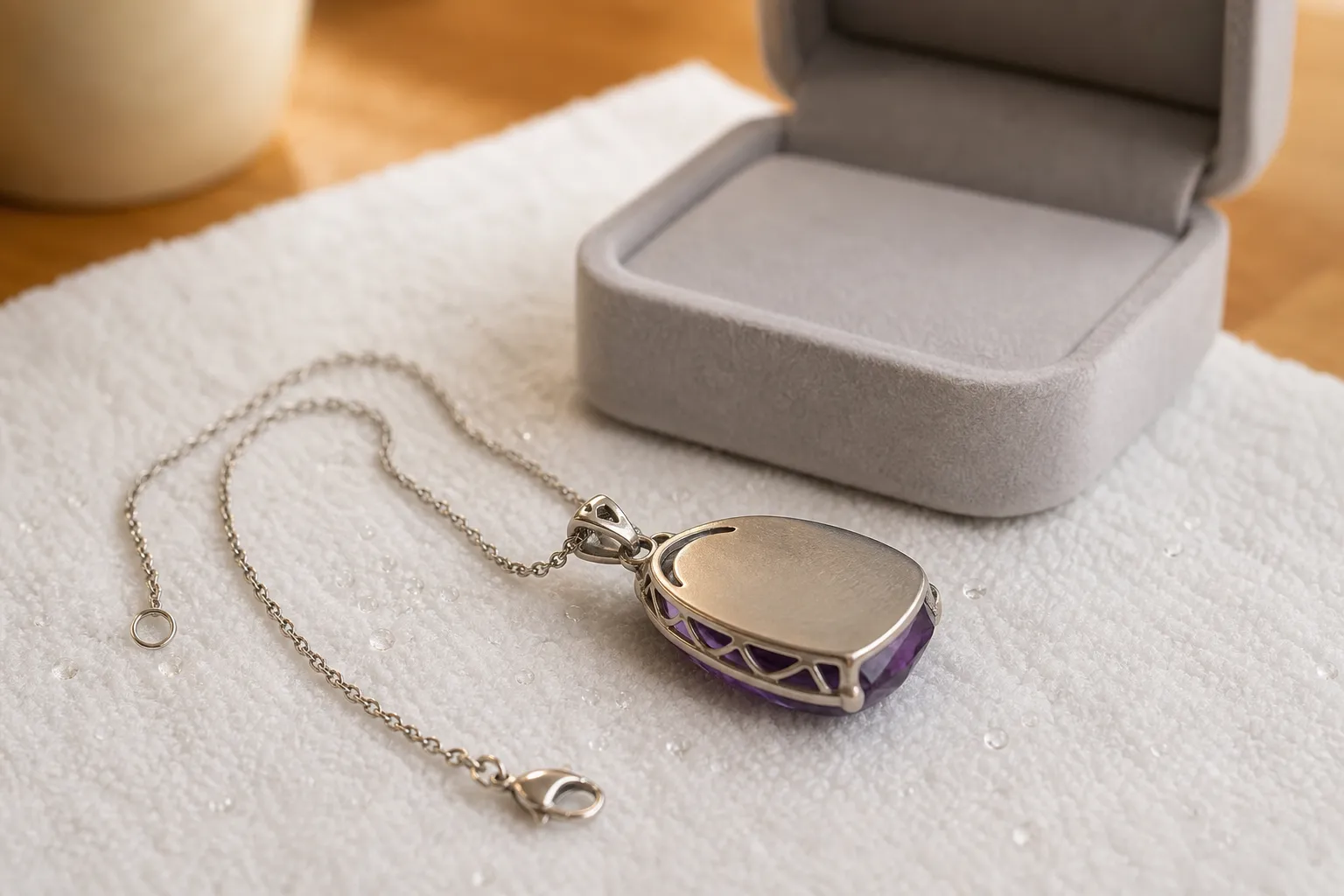 Amethyst pendant drying on a lint-free towel before separate storage in a soft lined box