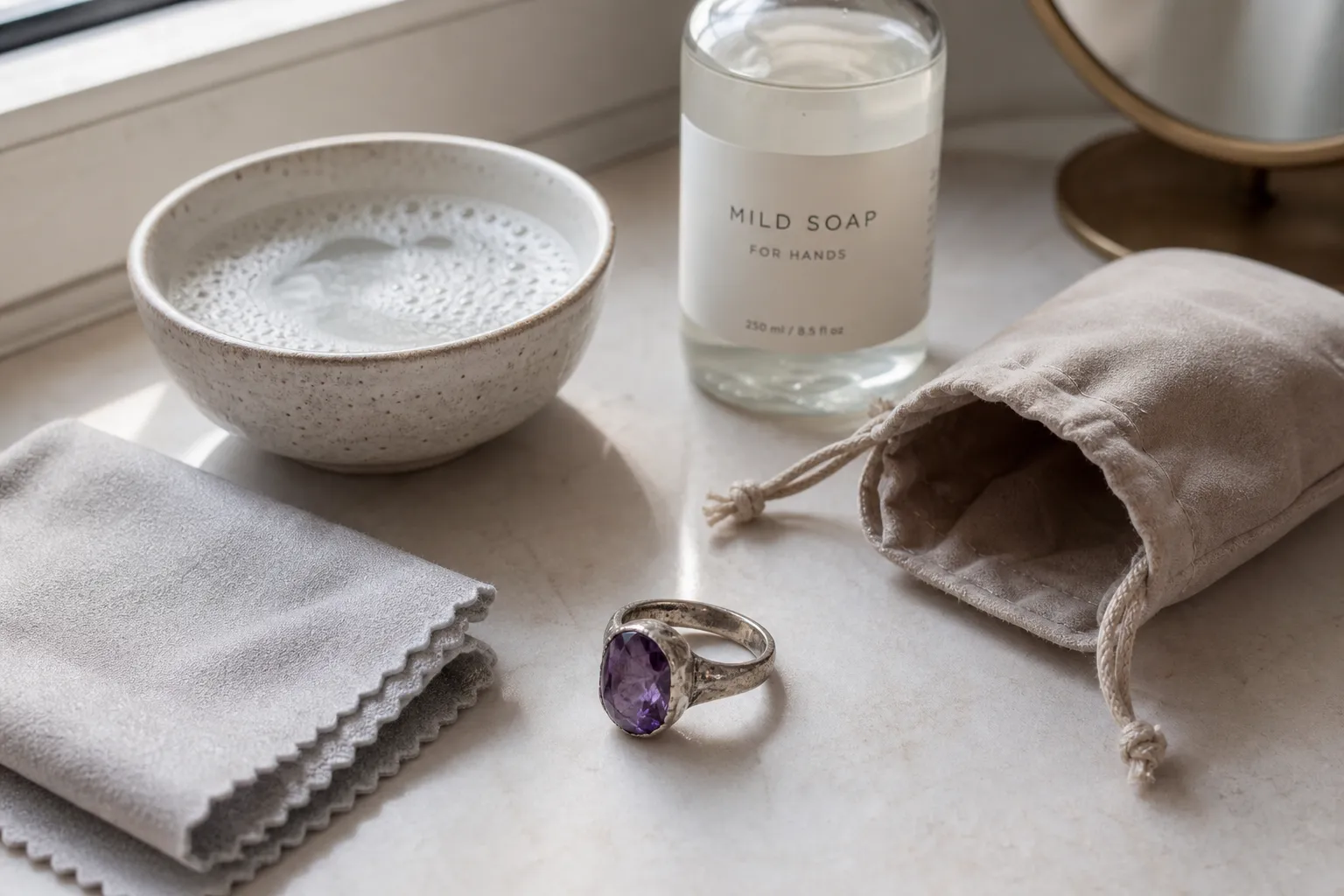 Amethyst ring beside a soft cloth, mild soap, and a lined storage pouch for a restrained post-wear cleaning ritual