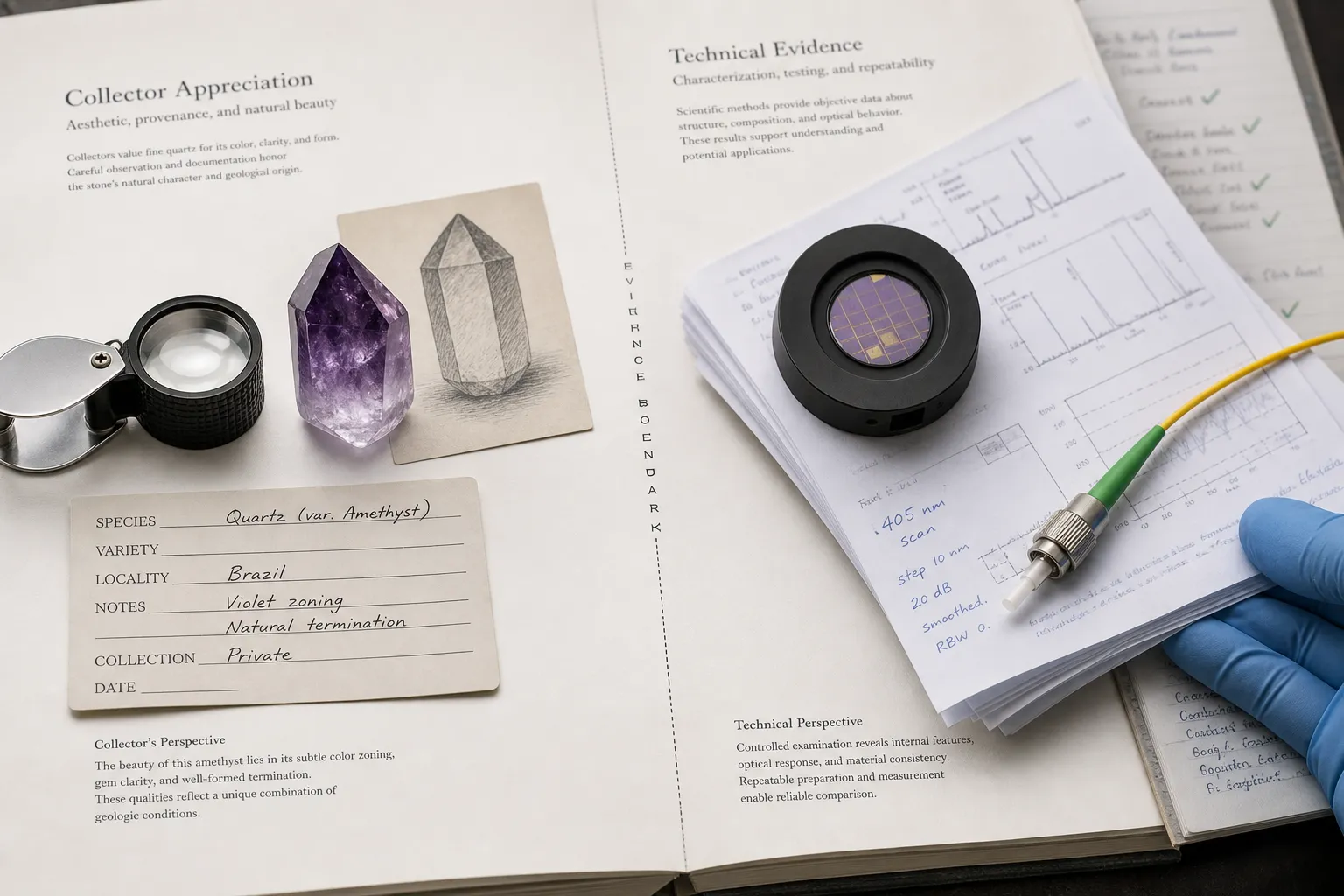 A comparison of jewelry-grade amethyst appreciation with the evidence checks required for a controlled color center qubit system