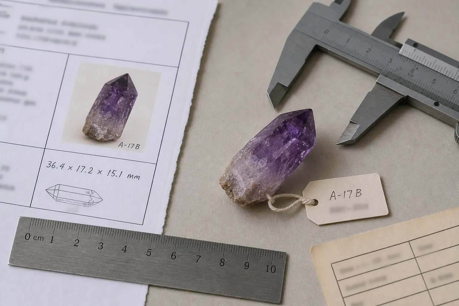 An amethyst crystal matched with a report number, measurements, label, and invoice details