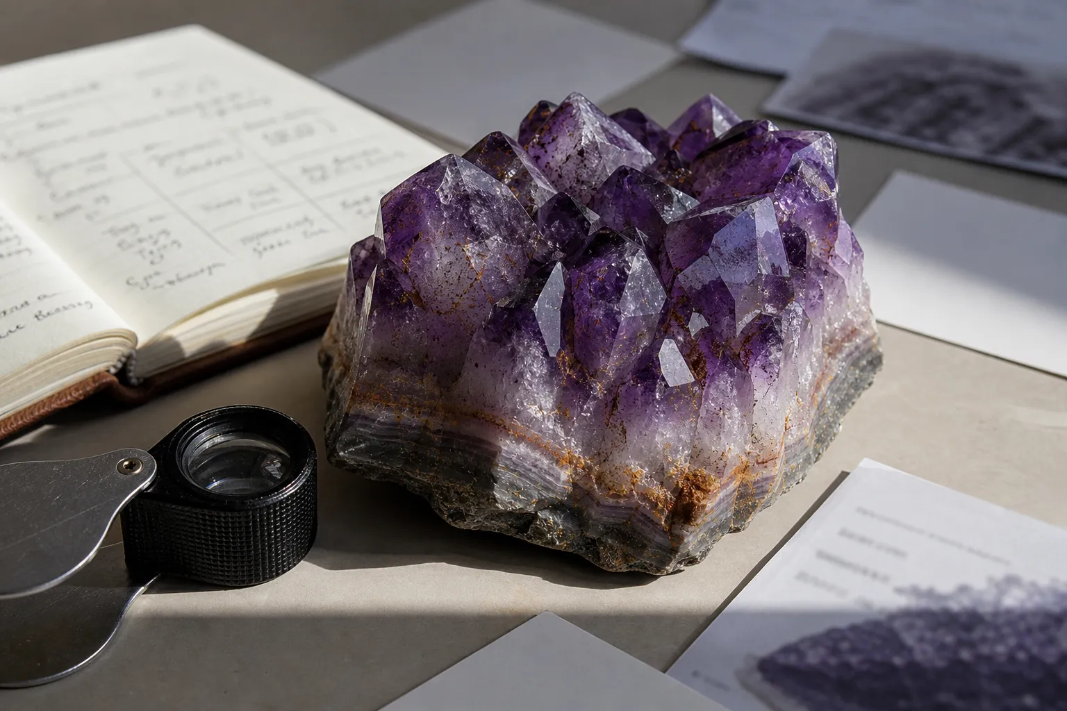 Amethyst with purple zoning and small inclusions showing the boundary between visual clues and provenance proof