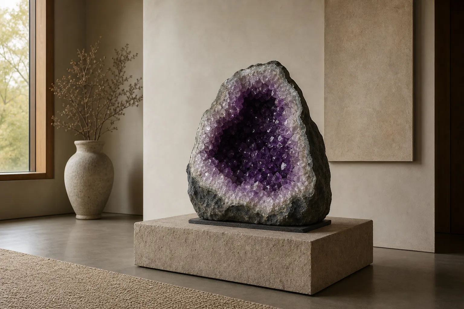 Large raw amethyst geode placed with visual space, a stable base, and calm nearby materials