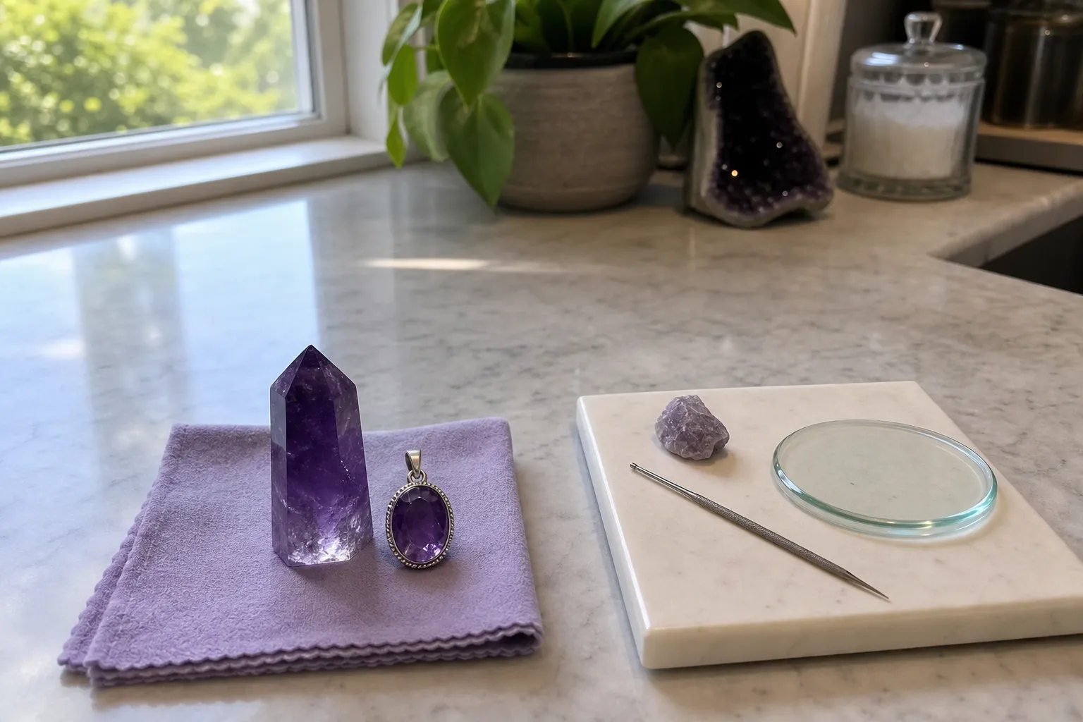 Finished amethyst jewelry and loose specimen separated from harder objects for safer hardness assessment
