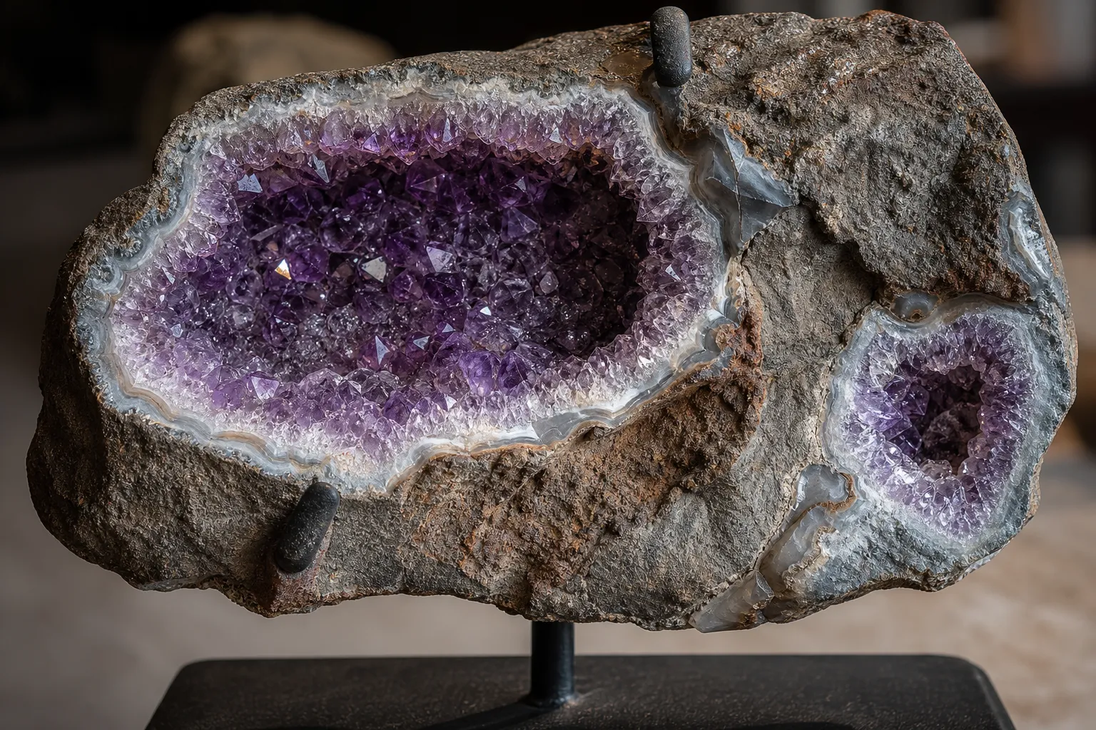 Close material view of a raw amethyst geode showing crystal pockets, matrix, rough edges, seams, and a mounted base