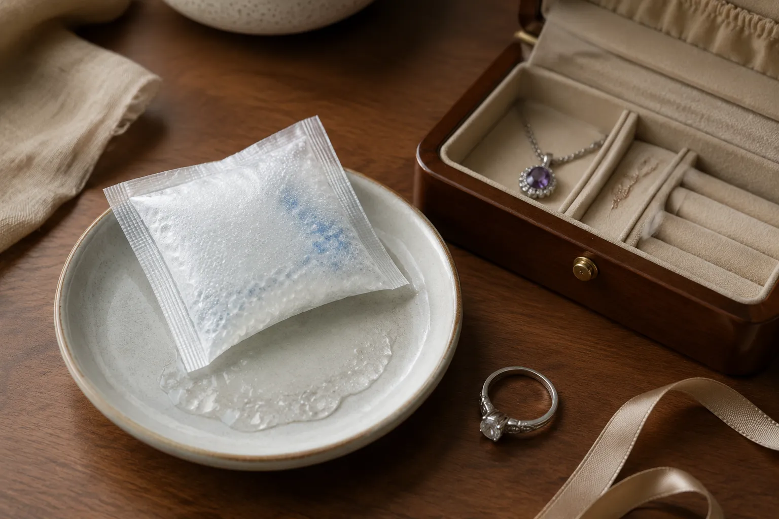 Close-contact jewelry storage showing why liquid-forming desiccant residue is a concern