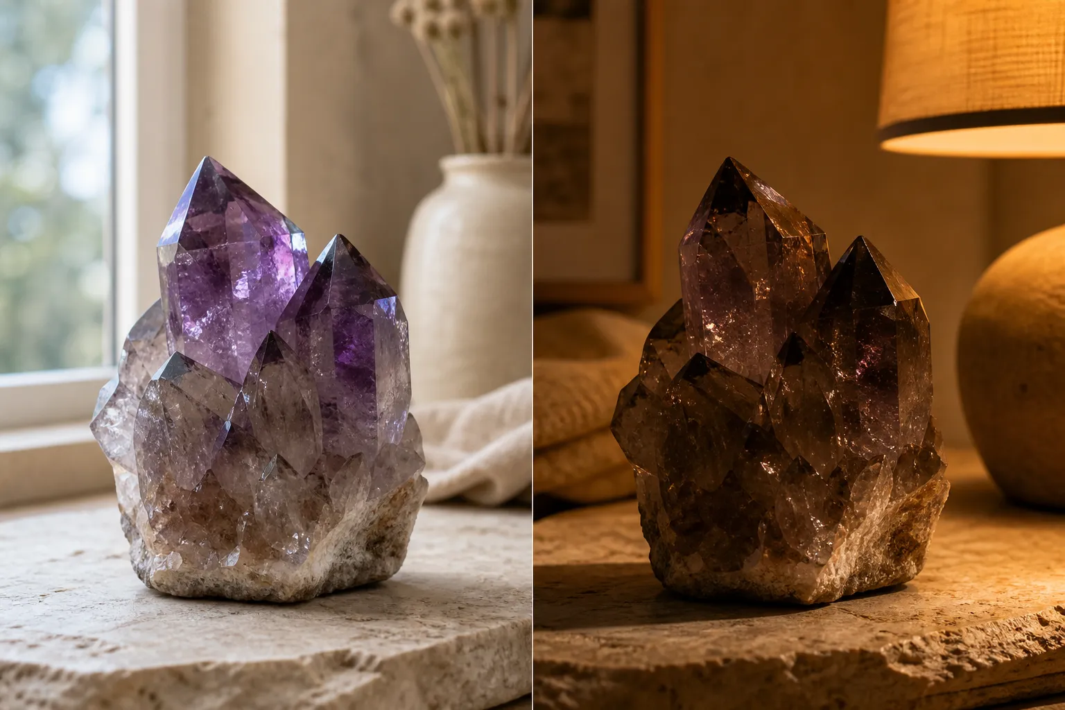 Smoky Amethyst compared in warm daylight and low evening light to show changes in violet, gray, and brown appearance