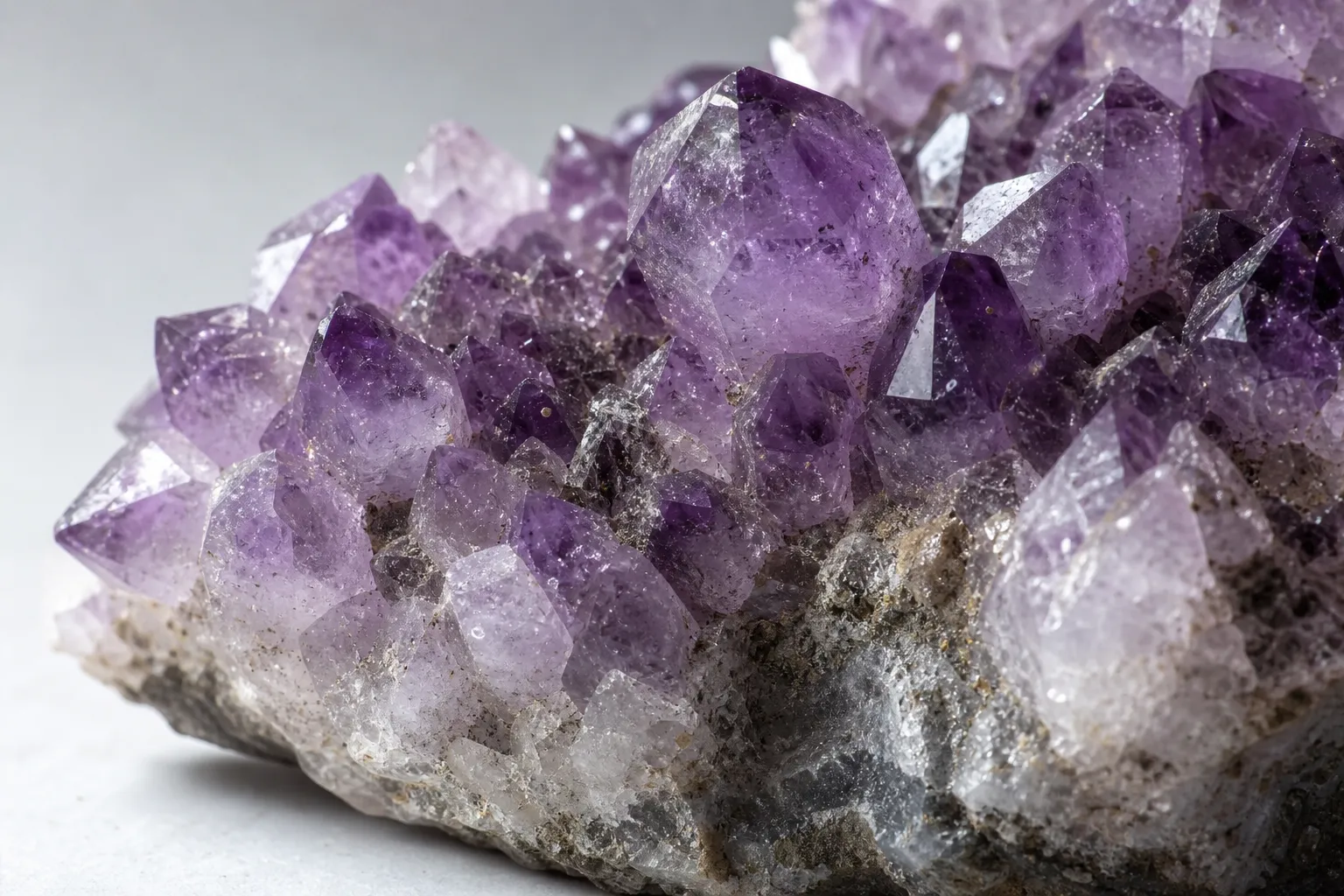 Close view of a raw amethyst cluster showing points, crevices, pale matrix, and rough surfaces where ash or residue could collect