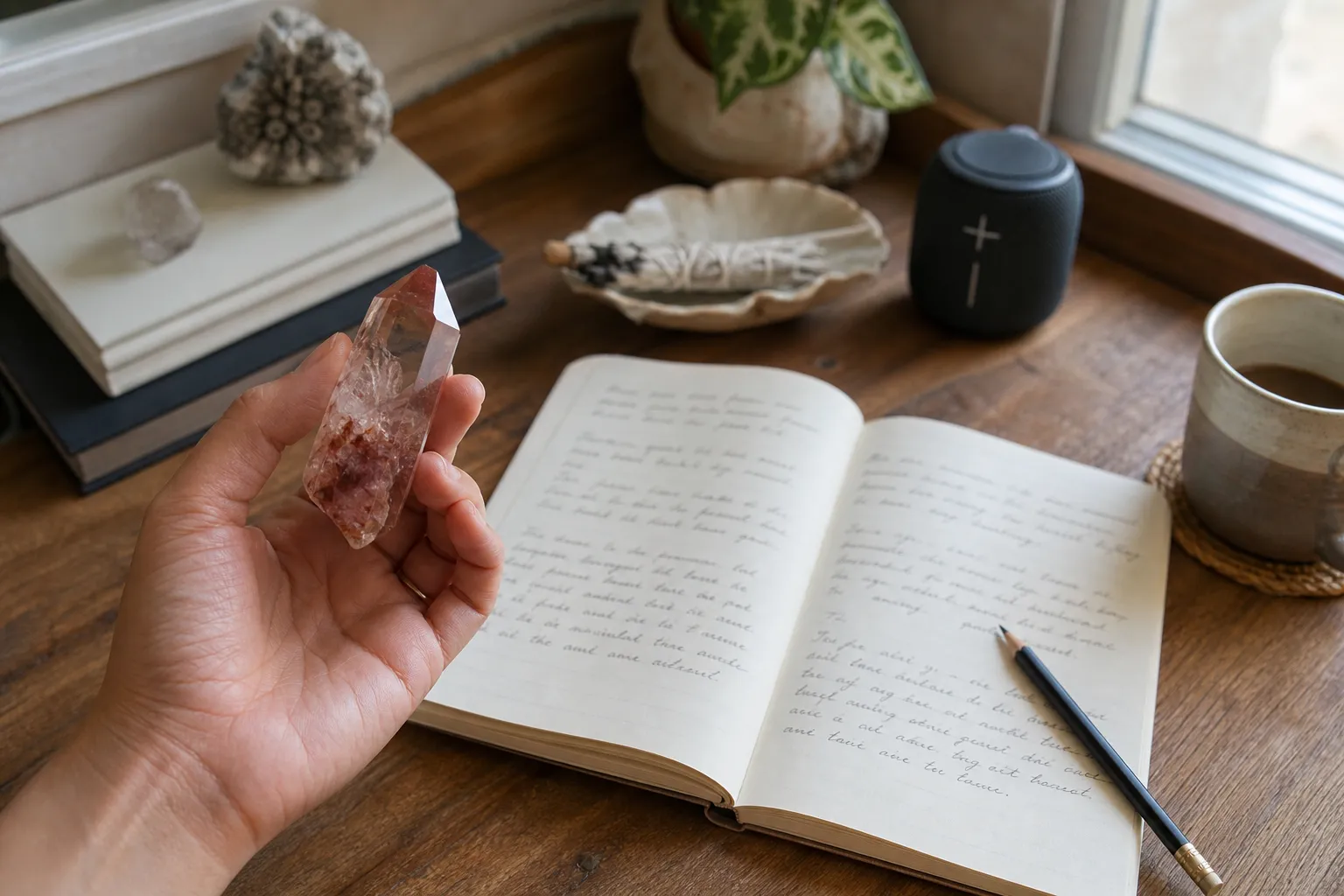 Hematoid quartz, a journal, and a low-volume listening session arranged for reflective meditation