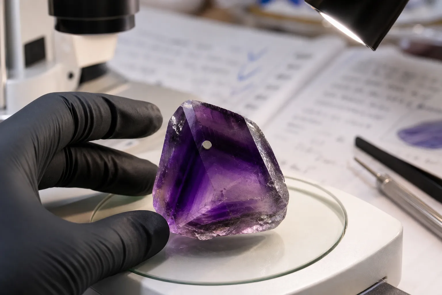 Uneven amethyst color zoning with notes about measured spot and sample condition