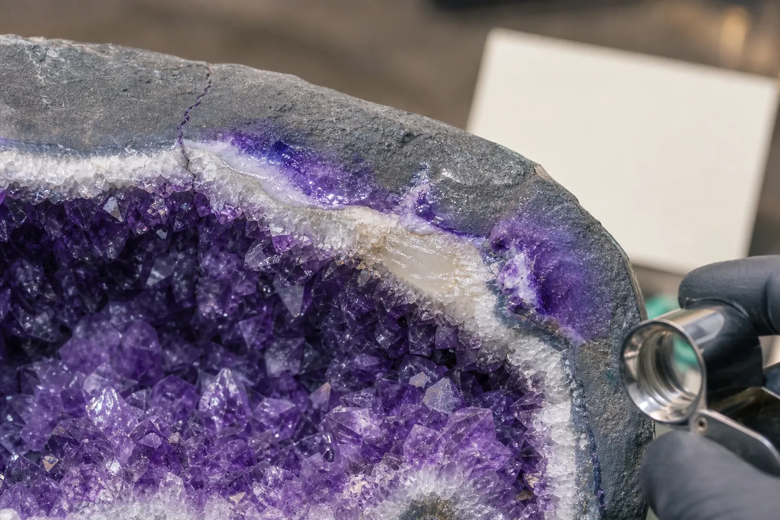 Close inspection areas on an amethyst cathedral geode where mismatched seams, glossy patches, filled gaps, or color on matrix may need seller clarification