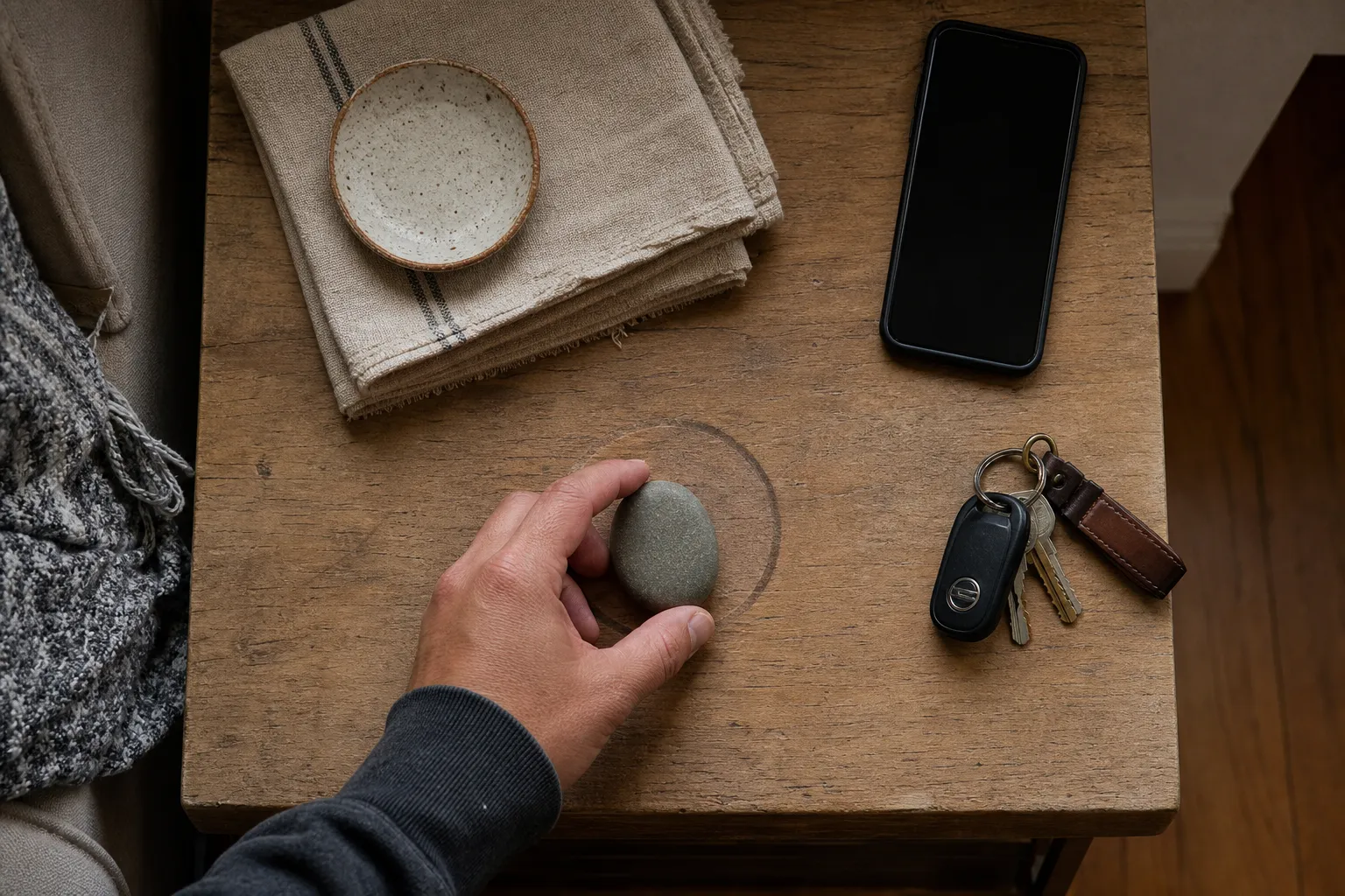 A tactile object returned to the same phone-habit location after a one-breath pause