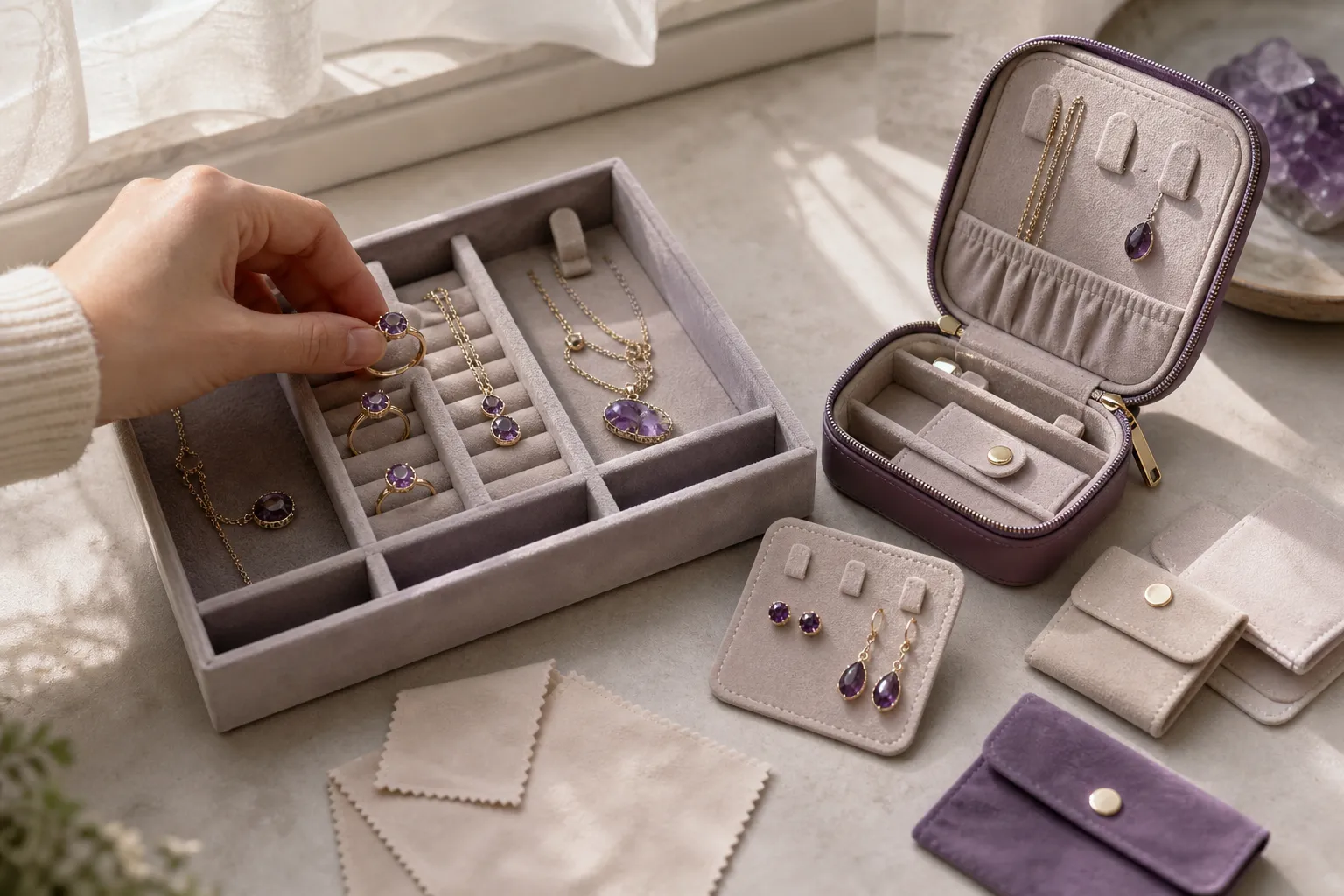 A divided jewelry storage setup showing amethyst rings, chains, earrings, and a travel case kept in separate protected spaces