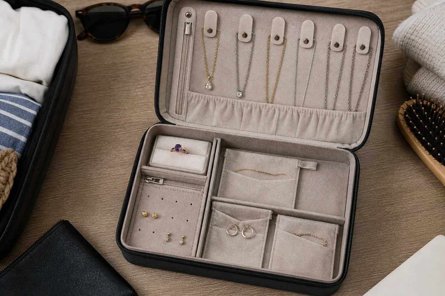 A jewelry travel case organized to keep chains, earring posts, raised amethyst settings, and delicate pieces from shifting into each other
