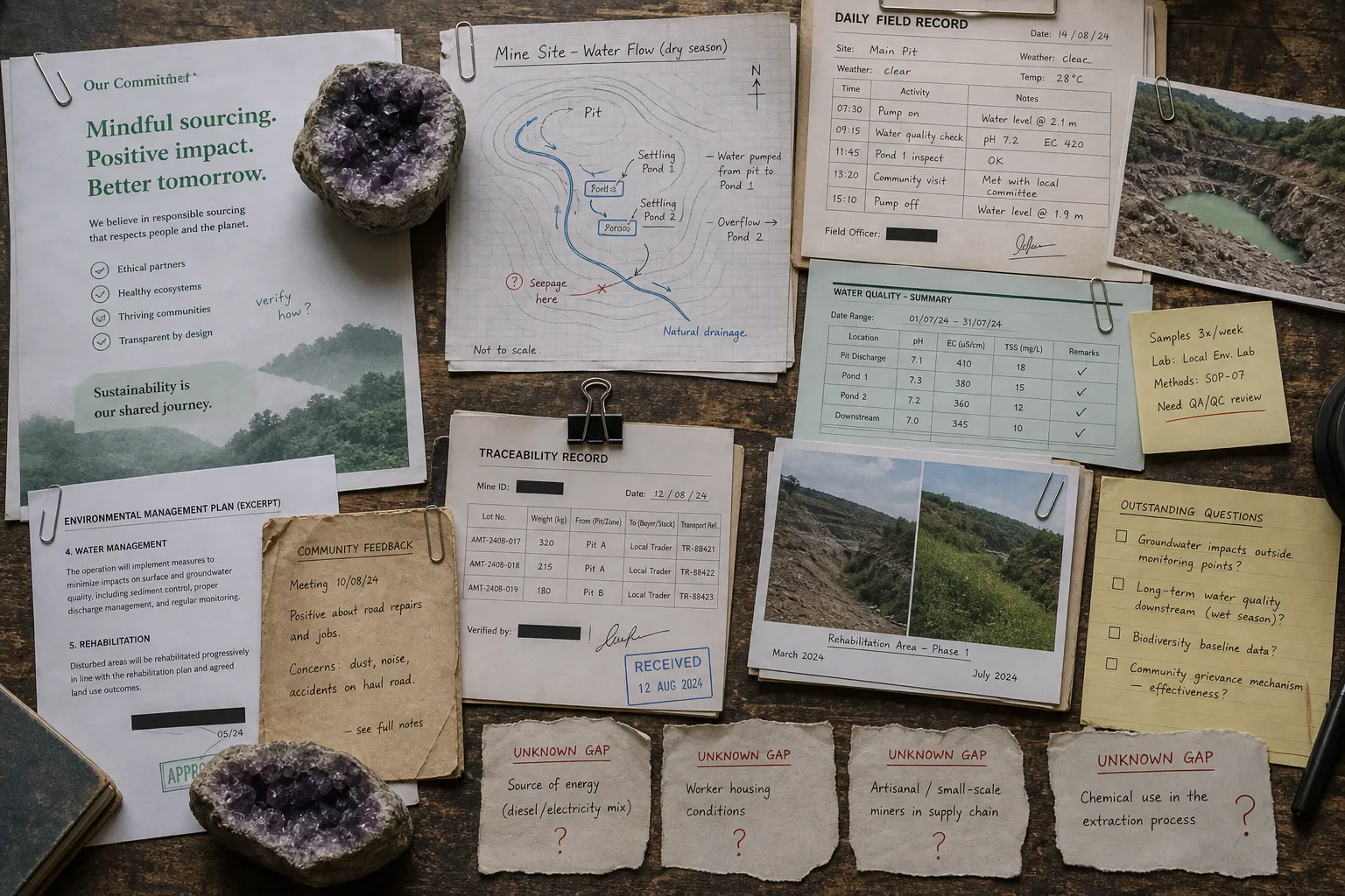 Amethyst sourcing evidence organized from broad eco-friendly claims to specific mine records and unknown supply-chain gaps