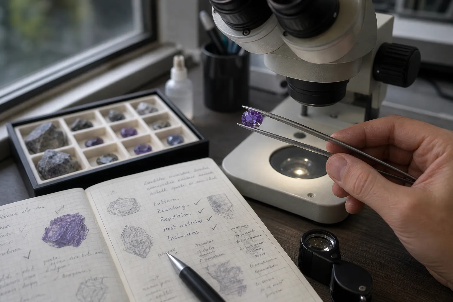 Gem inspection scene emphasizing pattern, boundary, repetition, host material, and verification rather than one isolated speck